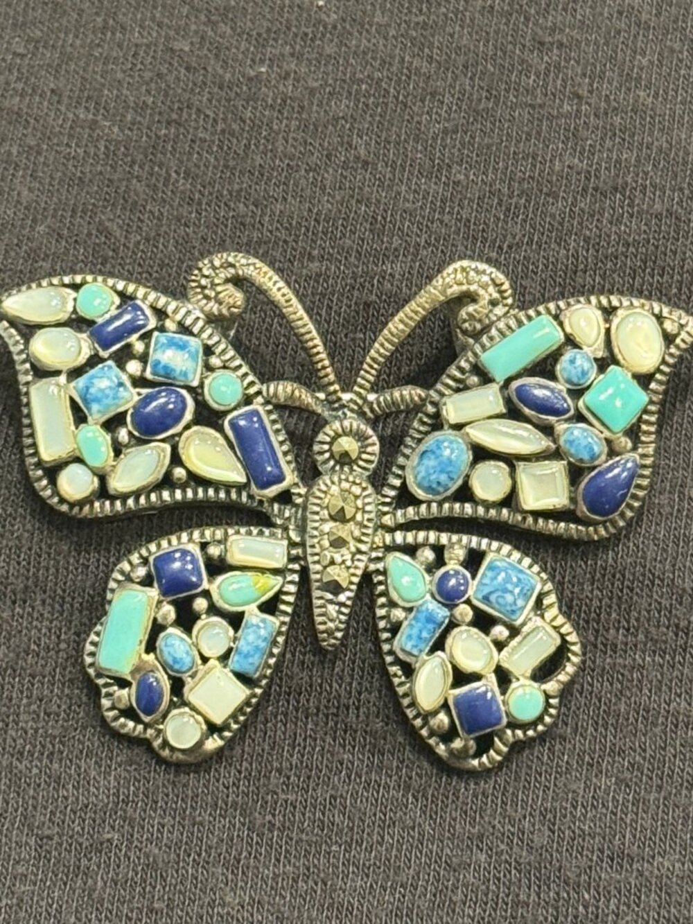 Vintage 925 Sterling Silver Thai Butterfly Mosaic Inlay Brooch Pin